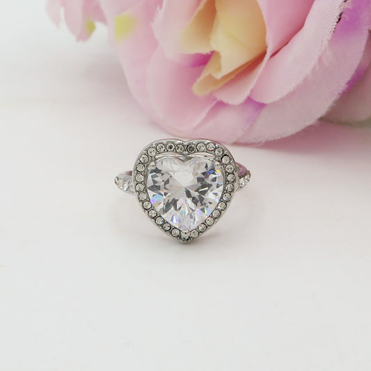 VICTORIA - Anello maxi solitario cuore regolabile in ACCIAIO inossidabile con cubic zirconia
