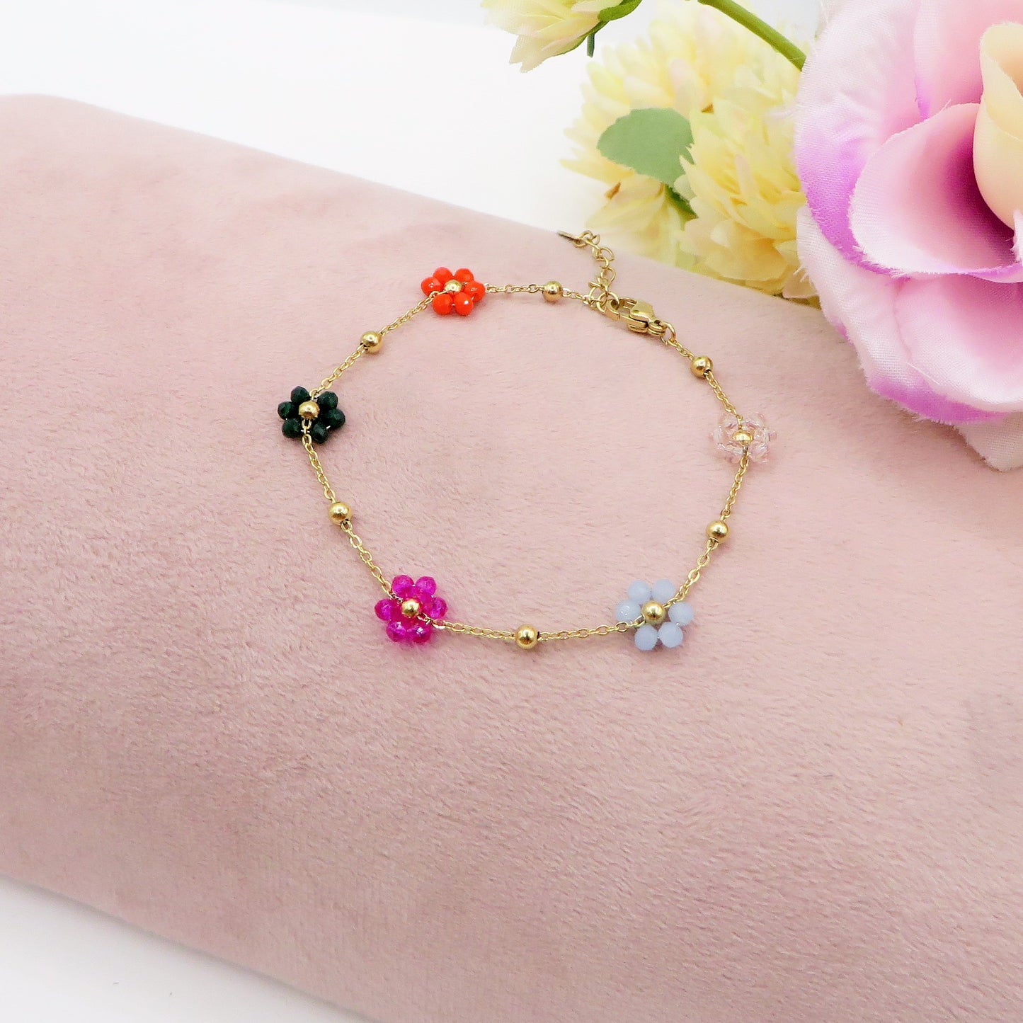 DAISY SET Rainbow oro ~ Collana e bracciale fiore cristalli Acciaio inossidabile