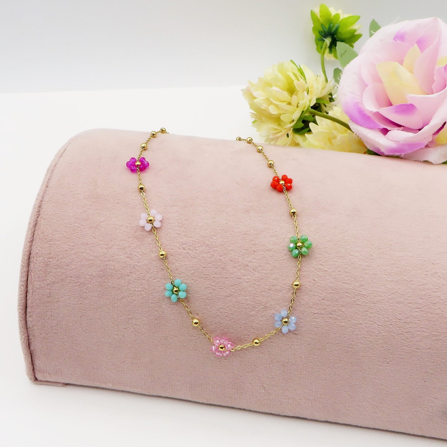 DAISY SET Rainbow oro ~ Collana e bracciale fiore cristalli Acciaio inossidabile