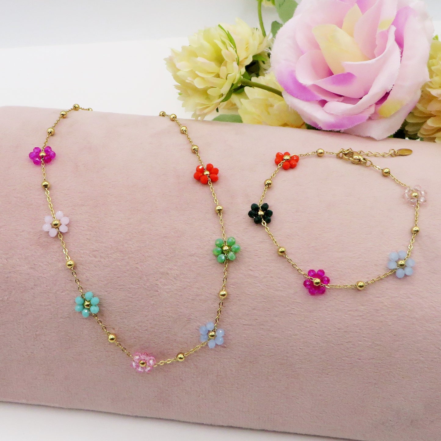 DAISY SET Rainbow oro ~ Collana e bracciale fiore cristalli Acciaio inossidabile