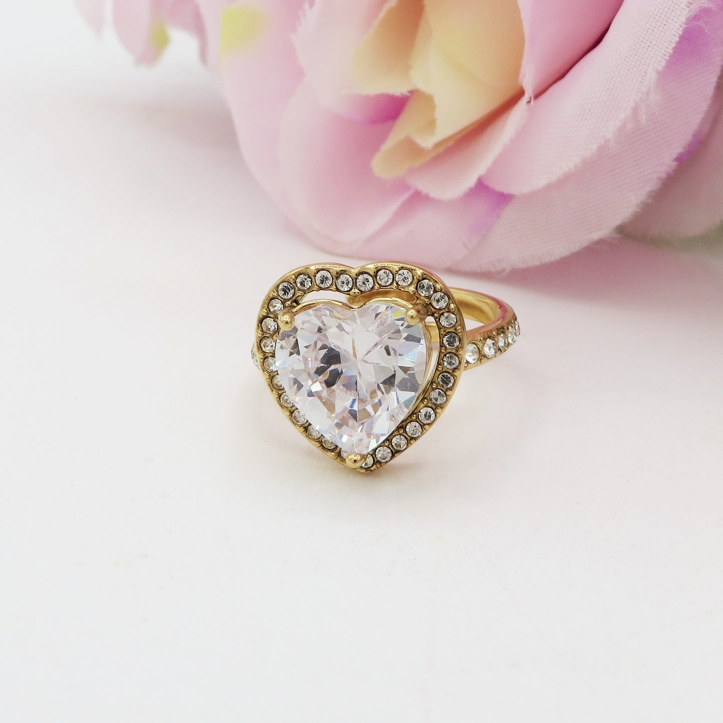 VICTORIA - Anello maxi solitario cuore regolabile in ACCIAIO inossidabile con cubic zirconia