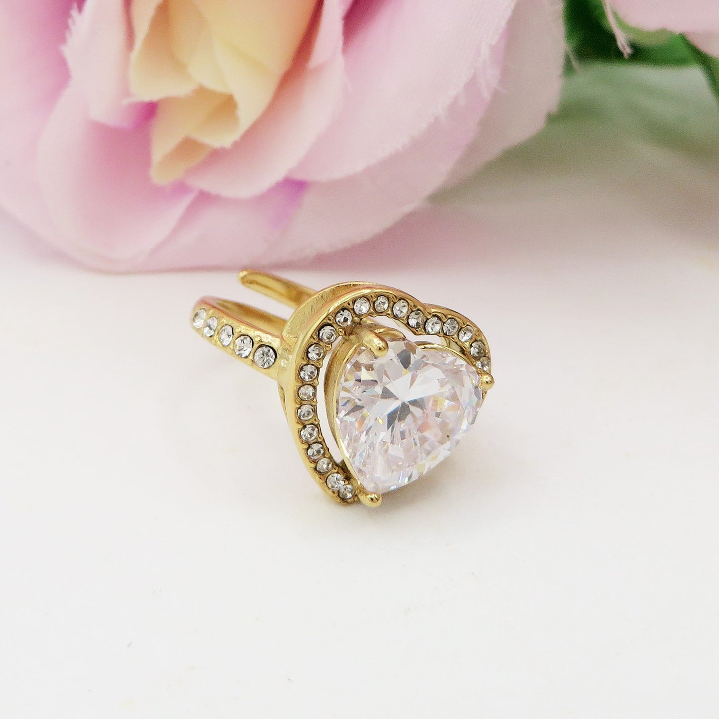 VICTORIA - Anello maxi solitario cuore regolabile in ACCIAIO inossidabile con cubic zirconia