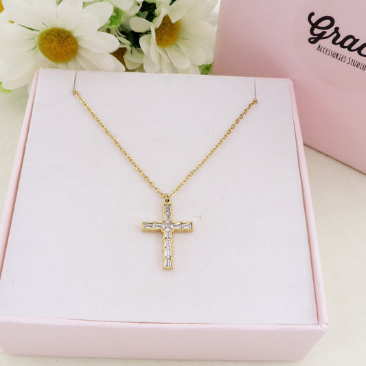 PAULINE - ACCIAIO INOSSIDABILE- Collana con pendente croce in cubic zirconia