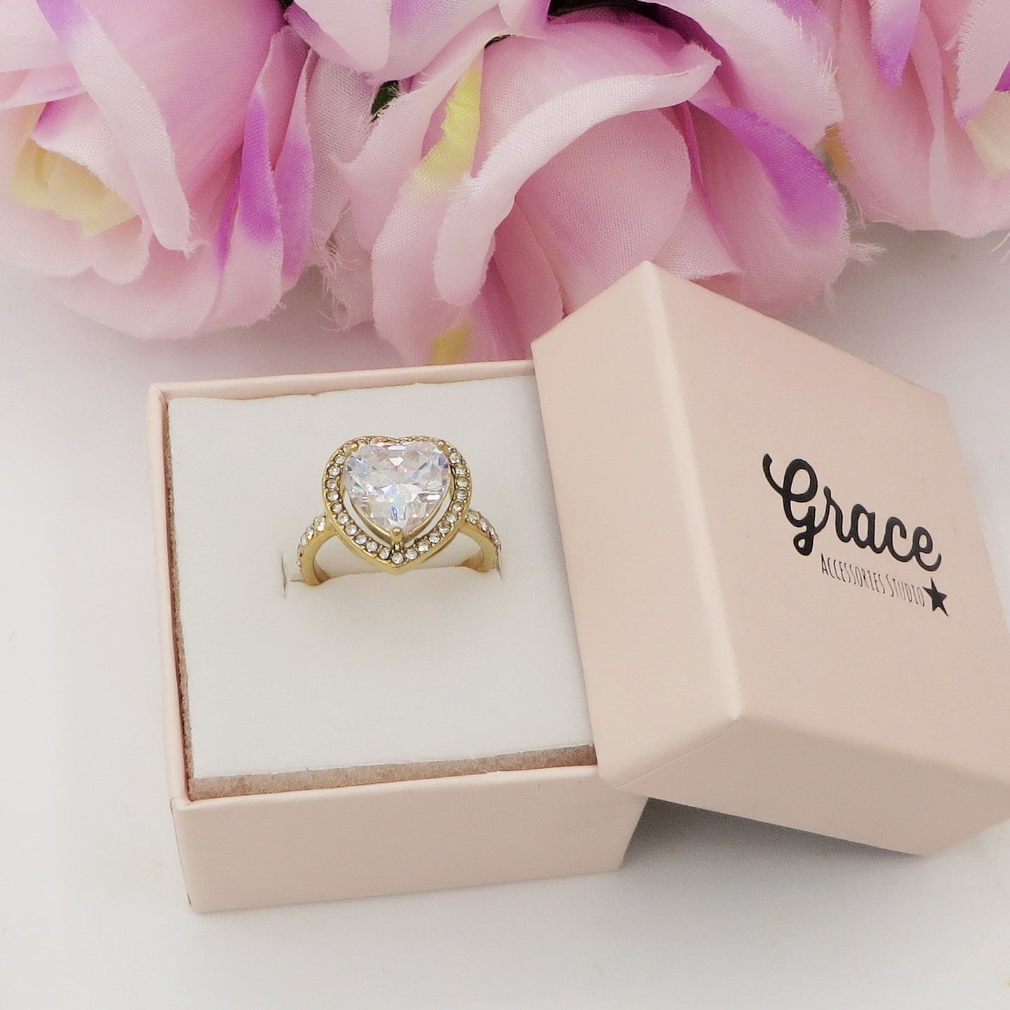 VICTORIA - Anello maxi solitario cuore regolabile in ACCIAIO inossidabile con cubic zirconia