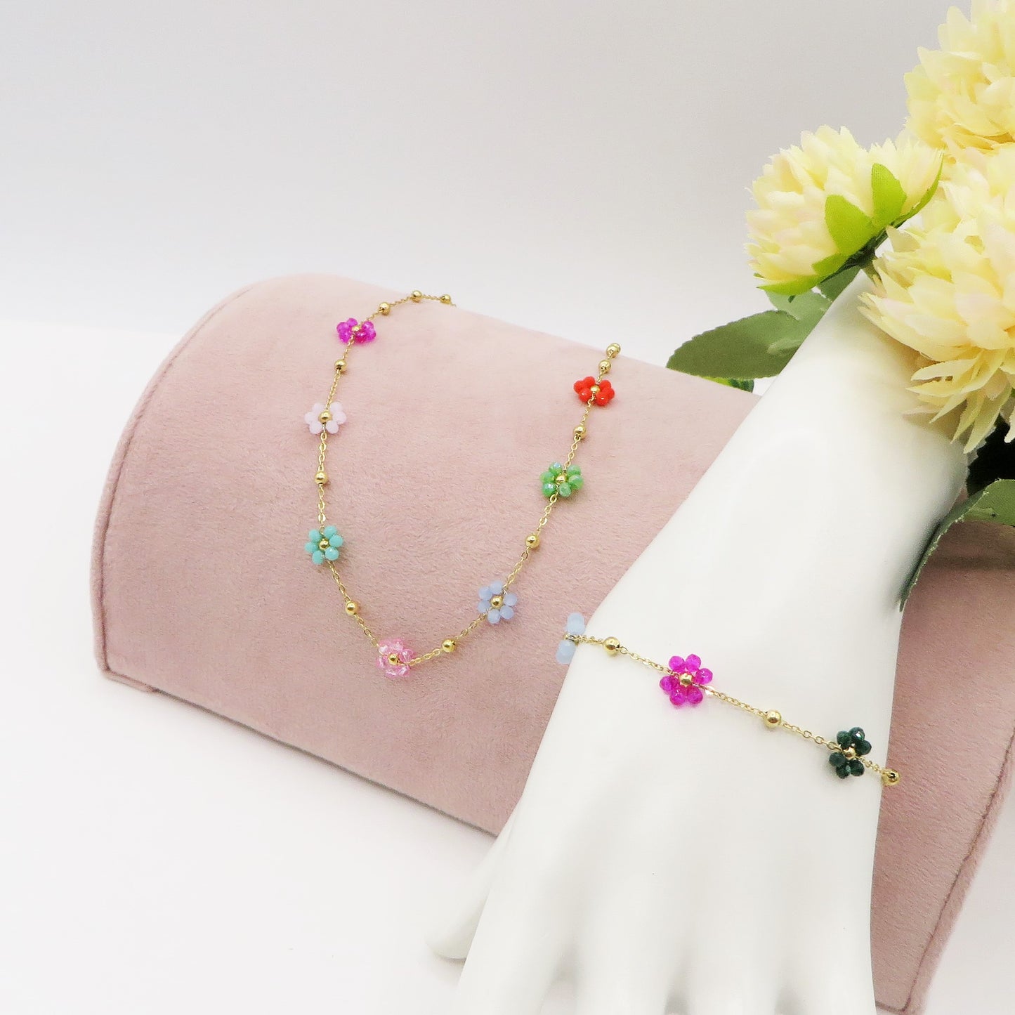 DAISY SET Rainbow oro ~ Collana e bracciale fiore cristalli Acciaio inossidabile