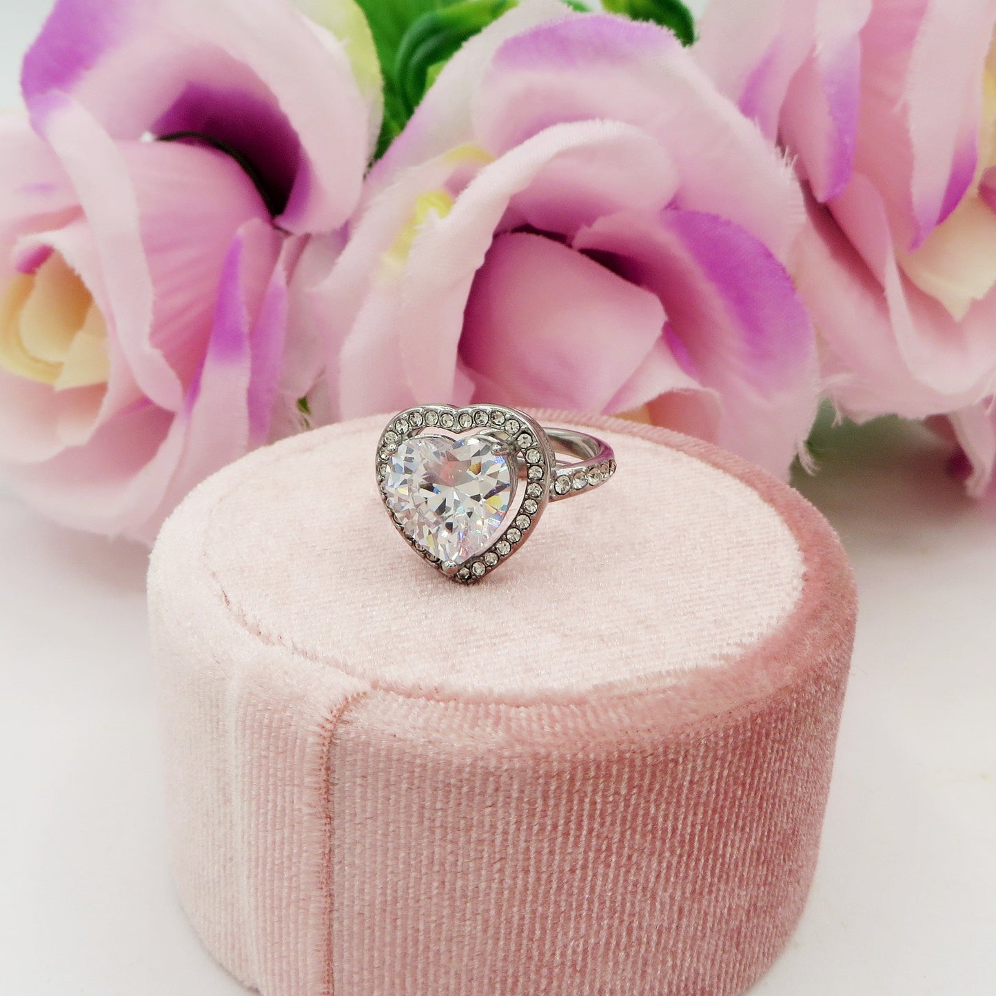 VICTORIA - Anello maxi solitario cuore regolabile in ACCIAIO inossidabile con cubic zirconia