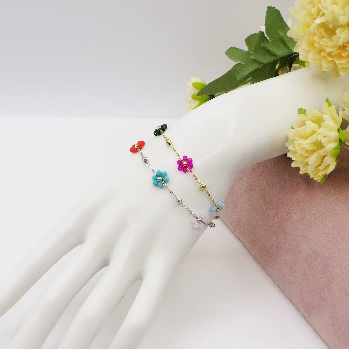 DAISY ~ ACCIAIO INOSSIDABILE ~ Bracciale con fiori e cristalli