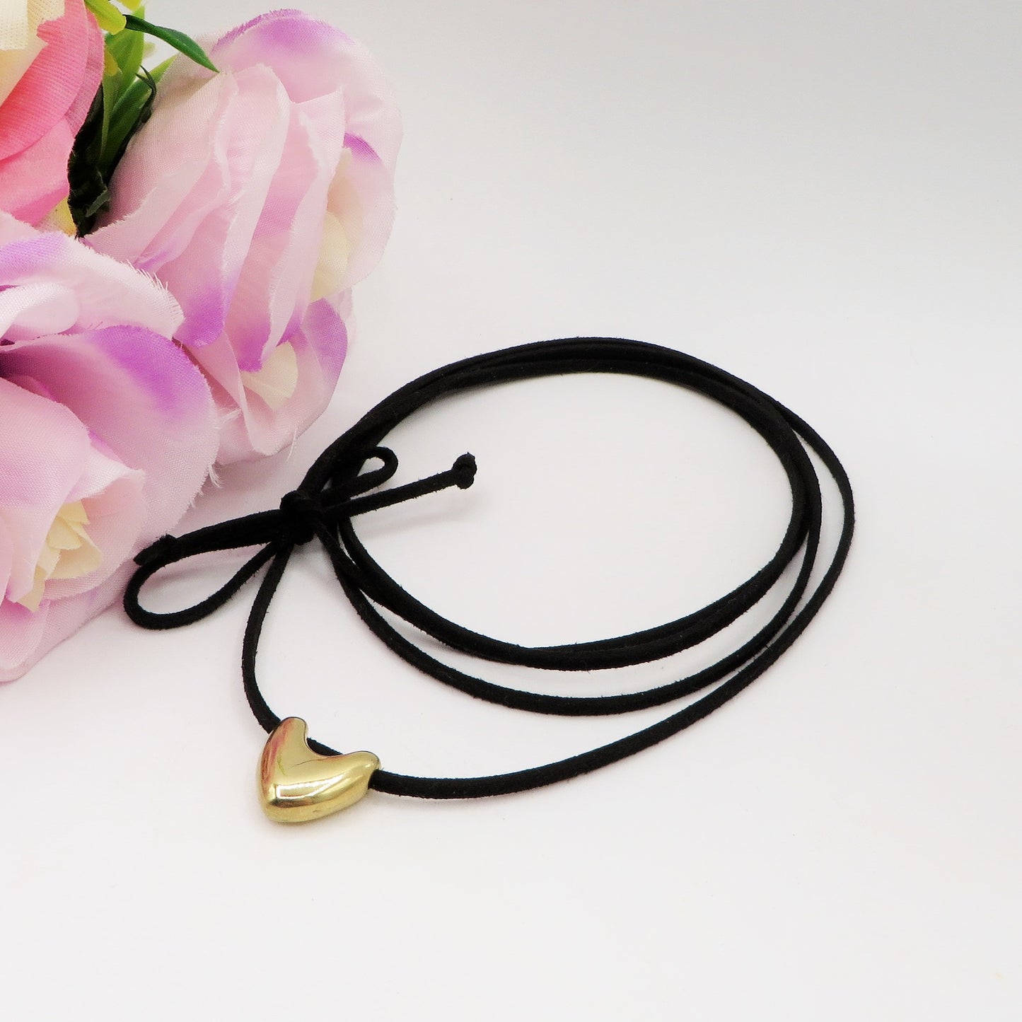 TORI - 6 Colori Collana & bracciale cuoricino bombè ACCIAIO INOSSIDABILE con cordino camoscio