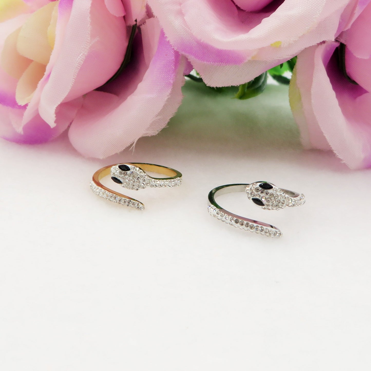 DRUSILLA ~ Anello in ACCIAIO INOSSIDABILE con serpente tempestato di cubic zirconia