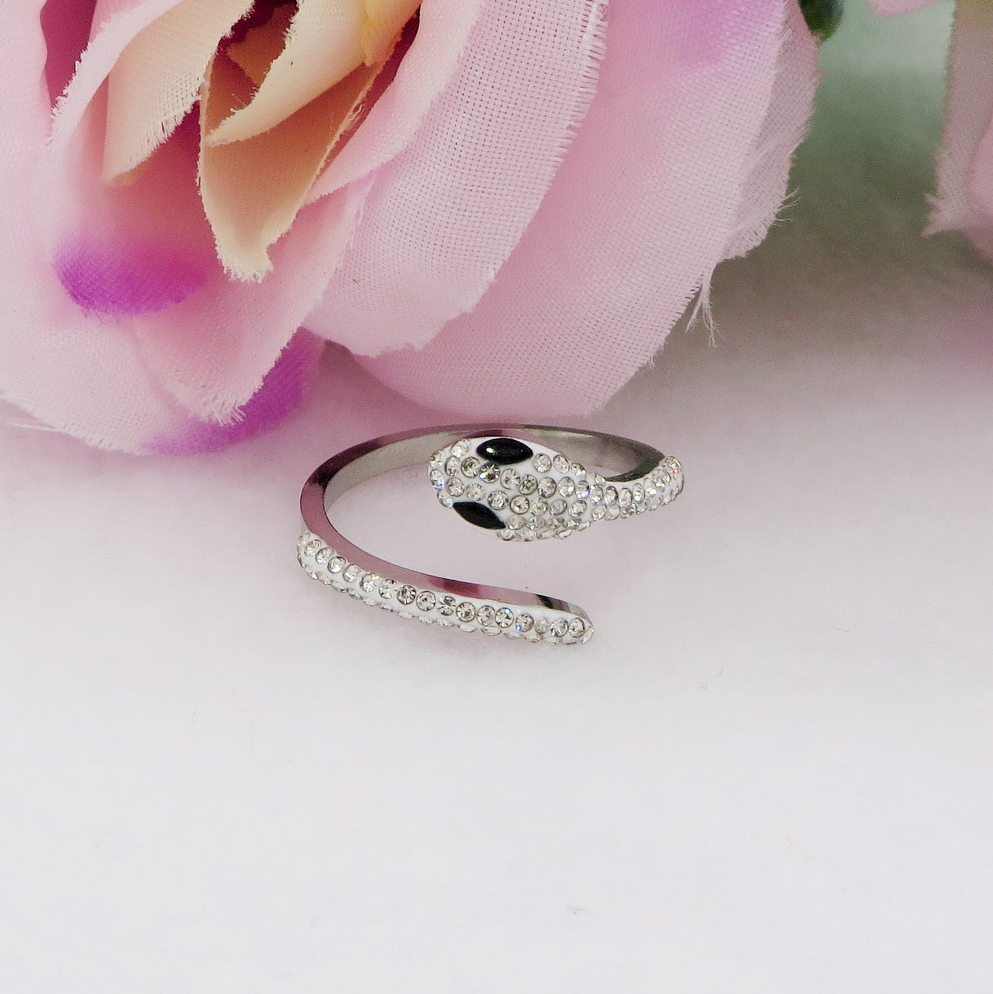 DRUSILLA ~ Anello in ACCIAIO INOSSIDABILE con serpente tempestato di cubic zirconia