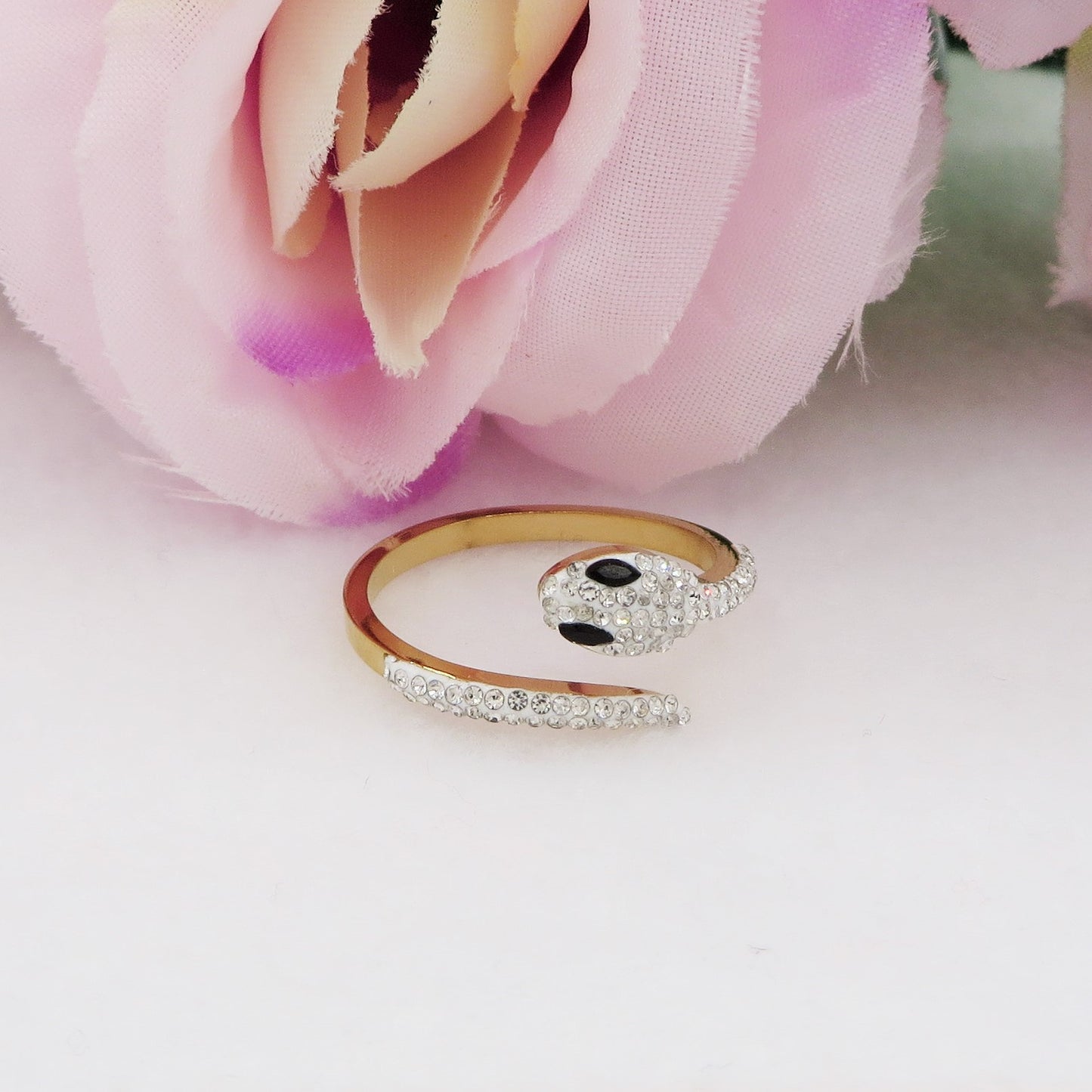 DRUSILLA ~ Anello in ACCIAIO INOSSIDABILE con serpente tempestato di cubic zirconia