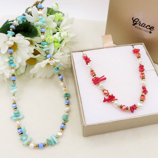 CORAL Collana ~ ACCIAIO INOSSIDABILE - Collana con perle barocche, turchesi e coralli