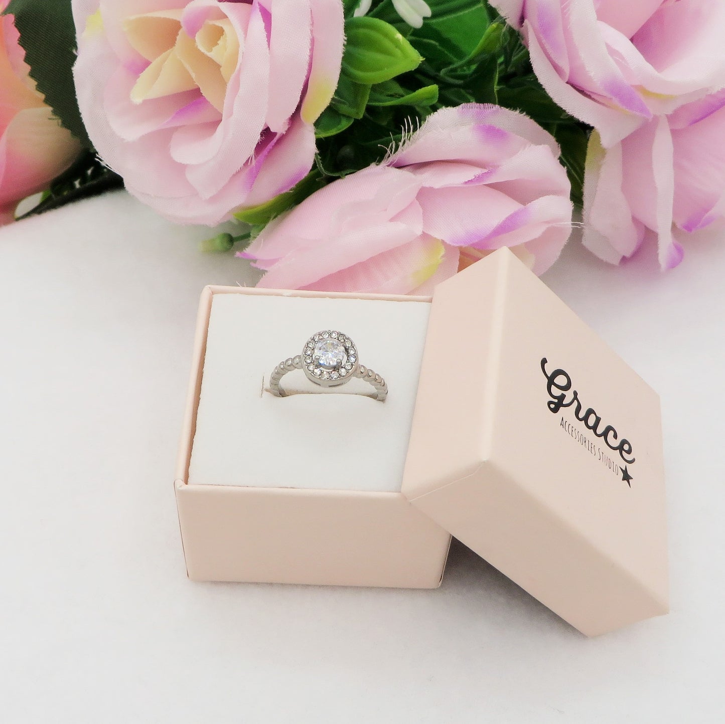 SOLITARIO ROUND - Anello regolabile in ACCIAIO inossidabile con cubic zirconia