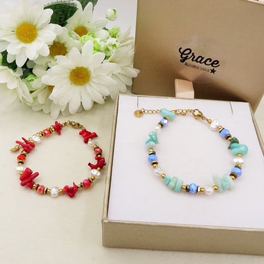 CORAL - ACCIAIO inossidabile - Bracciale con perle barocche, turchesi e coralli