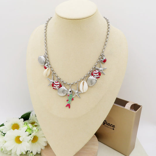 REEF - Collana con MAXI charms marini smaltati in ACCIAIO INOSSIDABILE + conchiglie madreperla