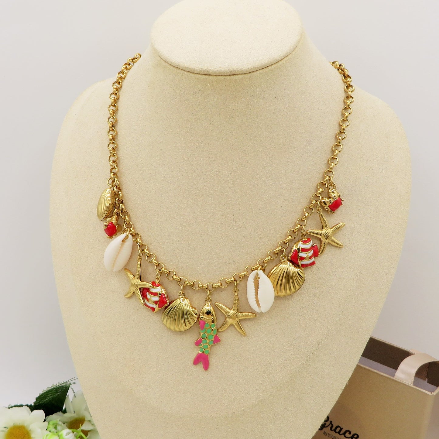 REEF - Collana con MAXI charms marini smaltati in ACCIAIO INOSSIDABILE + conchiglie madreperla