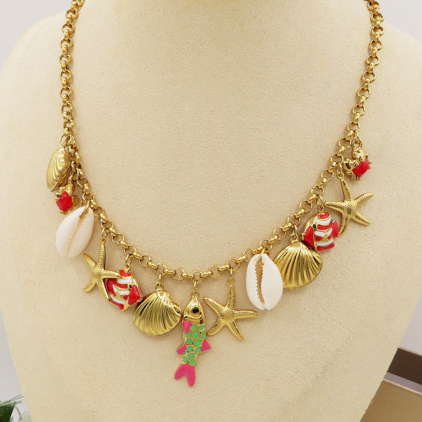 REEF - Collana con MAXI charms marini smaltati in ACCIAIO INOSSIDABILE + conchiglie madreperla