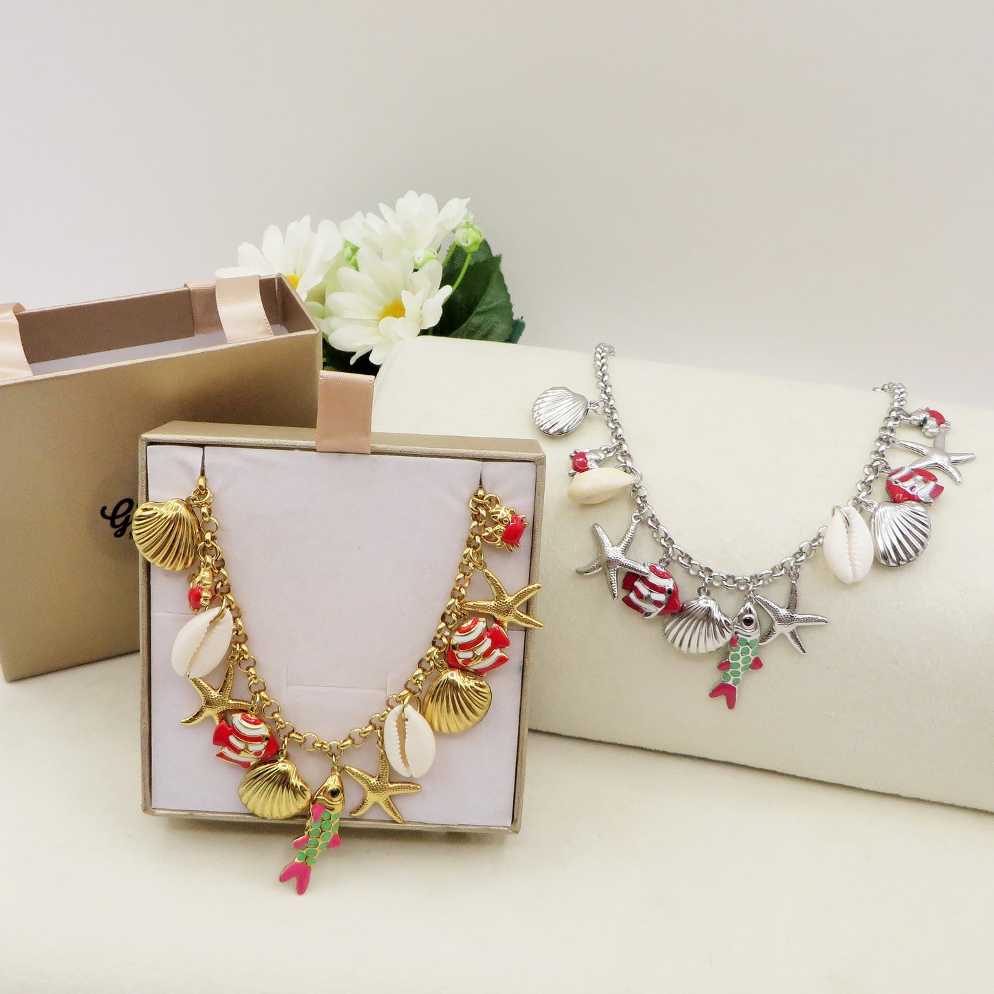 REEF - Collana con MAXI charms marini smaltati in ACCIAIO INOSSIDABILE + conchiglie madreperla