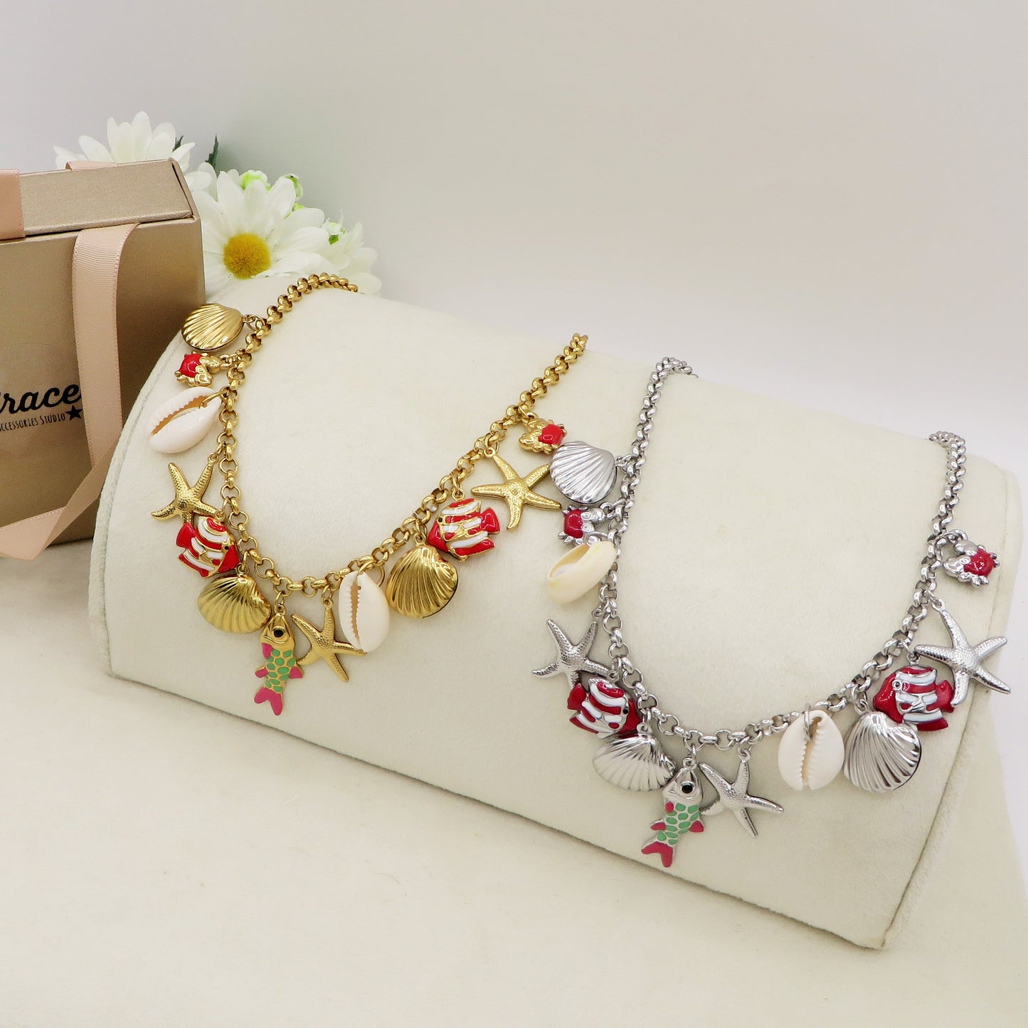 REEF - Collana con MAXI charms marini smaltati in ACCIAIO INOSSIDABILE + conchiglie madreperla