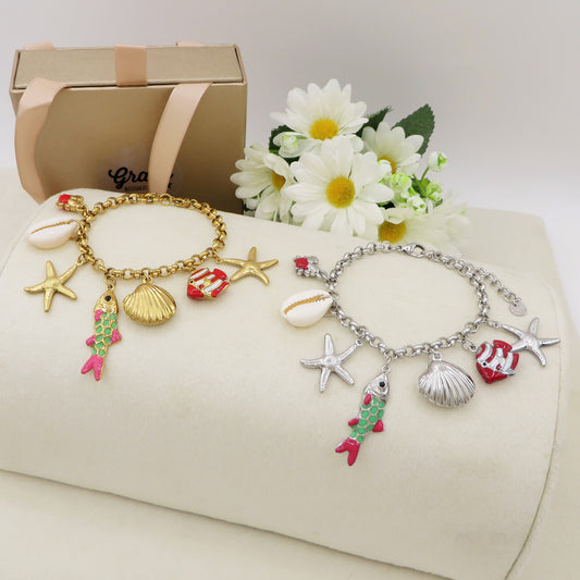 REEF - Bracciale con MAXI charms marini smaltati in ACCIAIO INOSSIDABILE + conchiglie madreperla