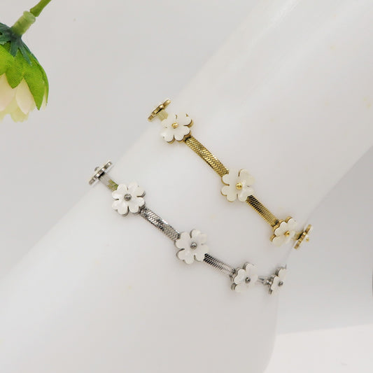 ELEONOR FLOWERS ~ Cavigliera in ACCIAIO INOSSIDABILE fiori in madreperla + catena snake piatta