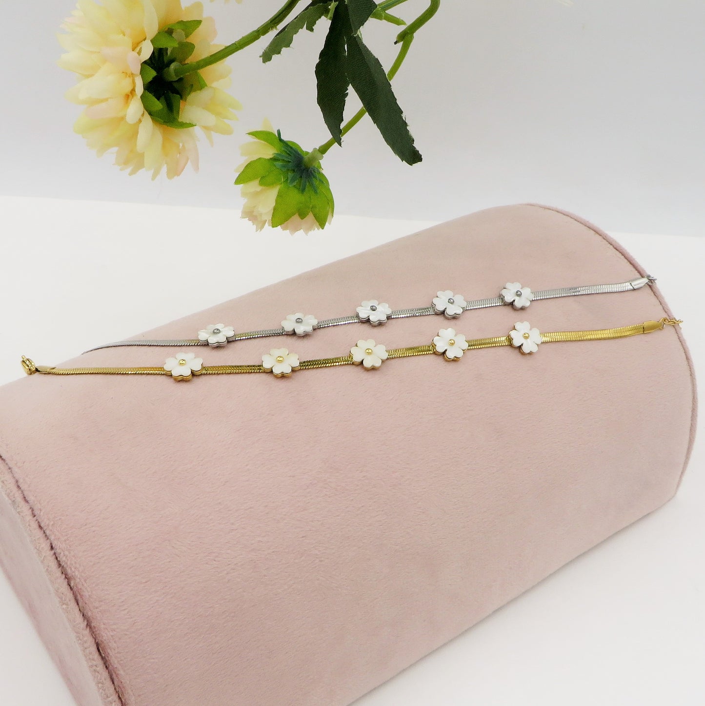 ELEONOR FLOWERS ~ Cavigliera in ACCIAIO INOSSIDABILE fiori in madreperla + catena snake piatta