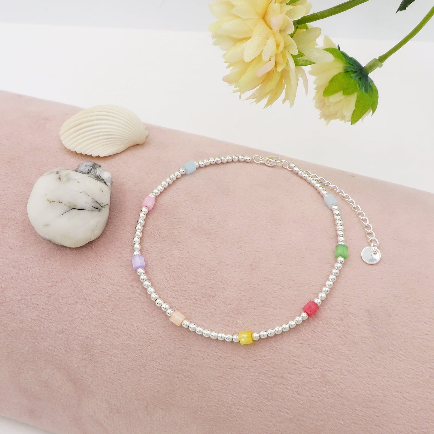 ISLA ~ Cavigliera in ACCIAIO INOSSIDABILE mini pallini bagnato ARGENTO con perline ~ in ACCIAIO INOSSIDABILE