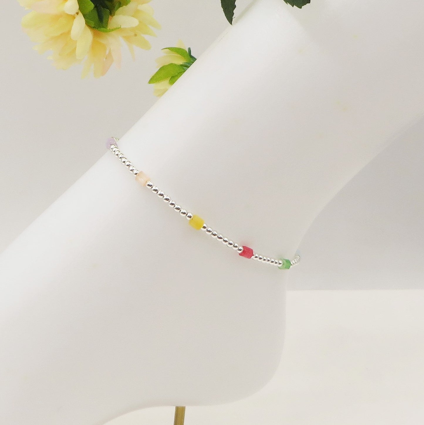 ISLA ~ Cavigliera in ACCIAIO INOSSIDABILE mini pallini bagnato ARGENTO con perline ~ in ACCIAIO INOSSIDABILE