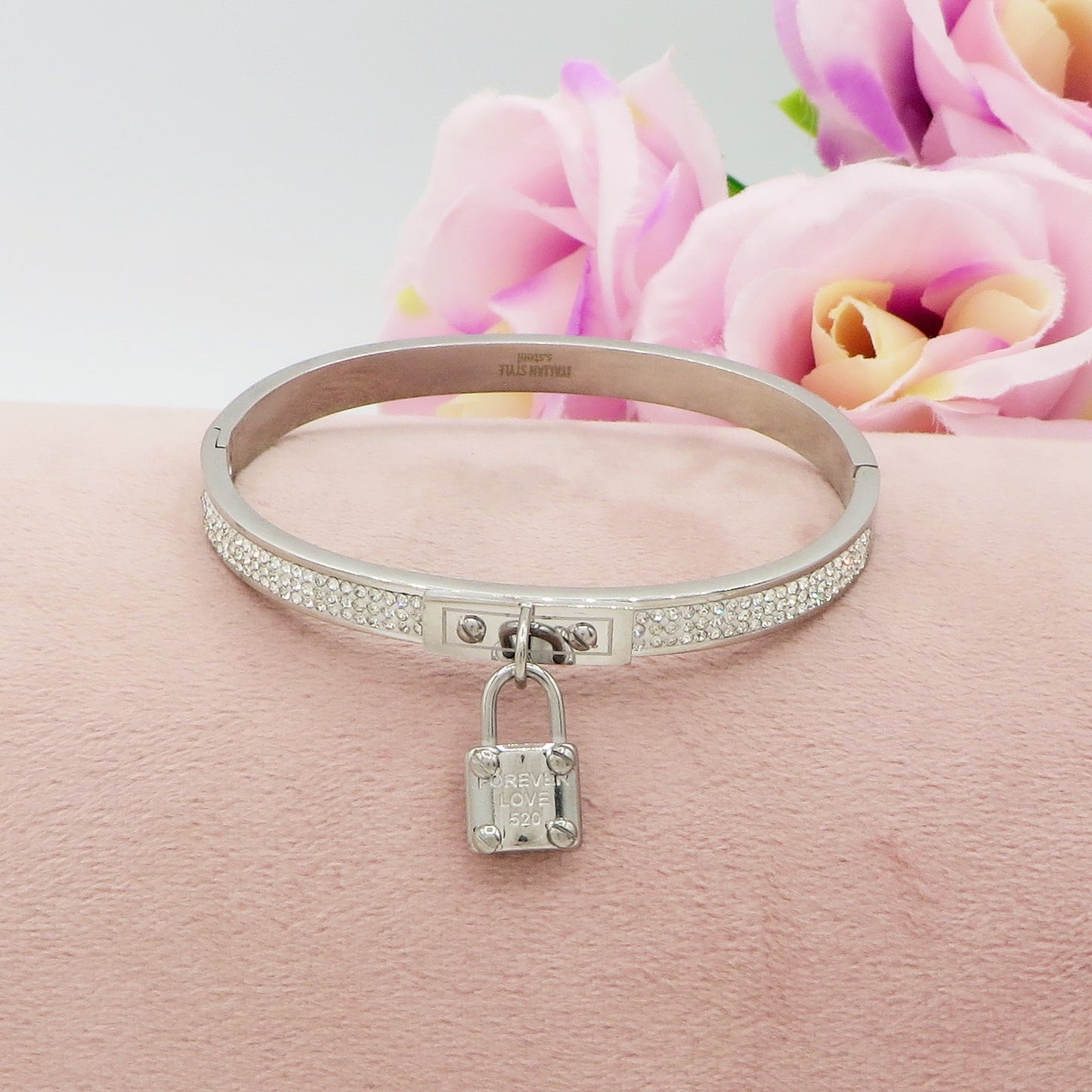 PROMISE ~ Acciaio Inossidabile - Bracciale manetta lucchetto con cubic zirconia