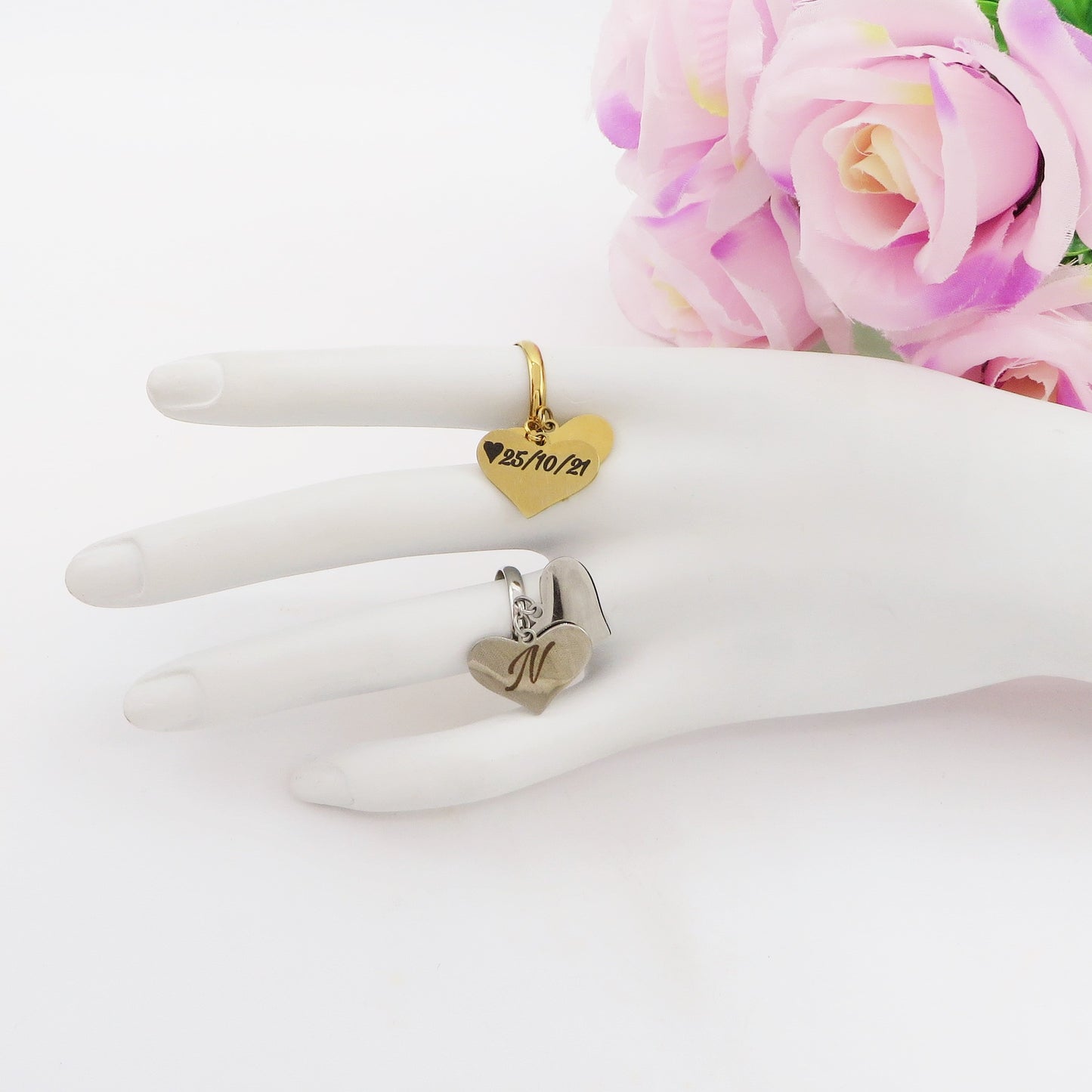 Big Hearts Ring - PERSONALIZZAMI ~ Anello doppio cuore pendente in acciaio inossidabile + INCISIONE PERSONALIZZATA