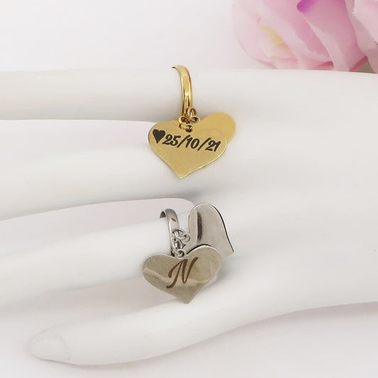 Big Hearts Ring - PERSONALIZZAMI ~ Anello doppio cuore pendente in acciaio inossidabile + INCISIONE PERSONALIZZATA