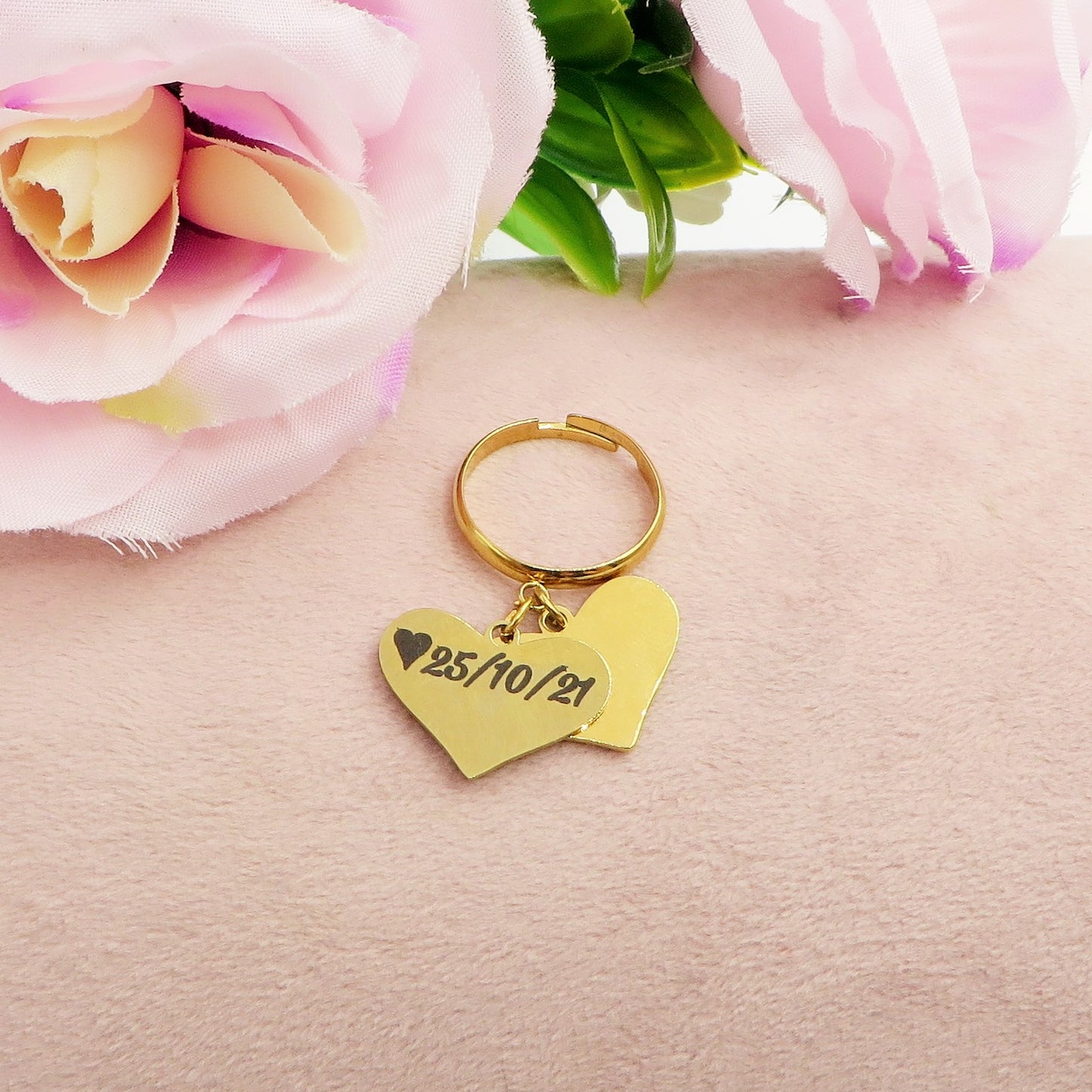 Big Hearts Ring - PERSONALIZZAMI ~ Anello doppio cuore pendente in acciaio inossidabile + INCISIONE PERSONALIZZATA