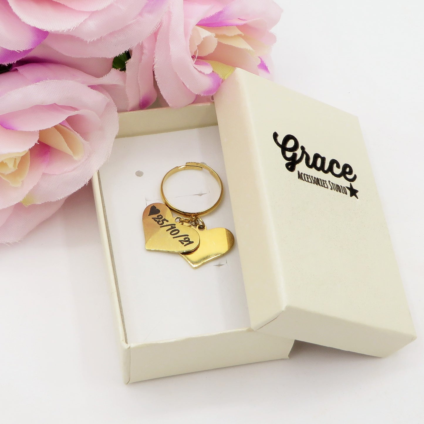 Big Hearts Ring - PERSONALIZZAMI ~ Anello doppio cuore pendente in acciaio inossidabile + INCISIONE PERSONALIZZATA