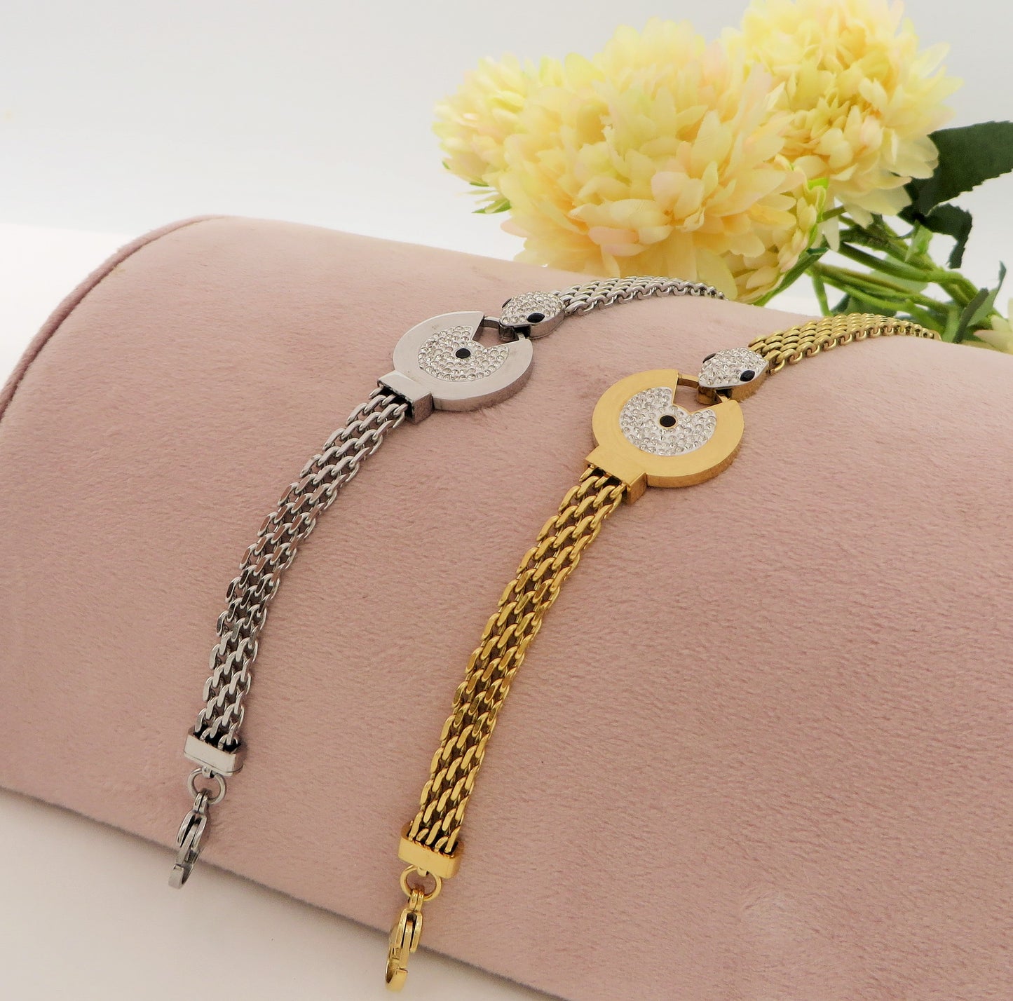 RAVEN ~ Acciaio Inossidabile - Bracciale serpente + catena piatta con cubic zirconia