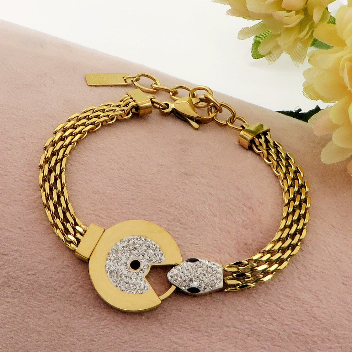 RAVEN ~ Acciaio Inossidabile - Bracciale serpente + catena piatta con cubic zirconia