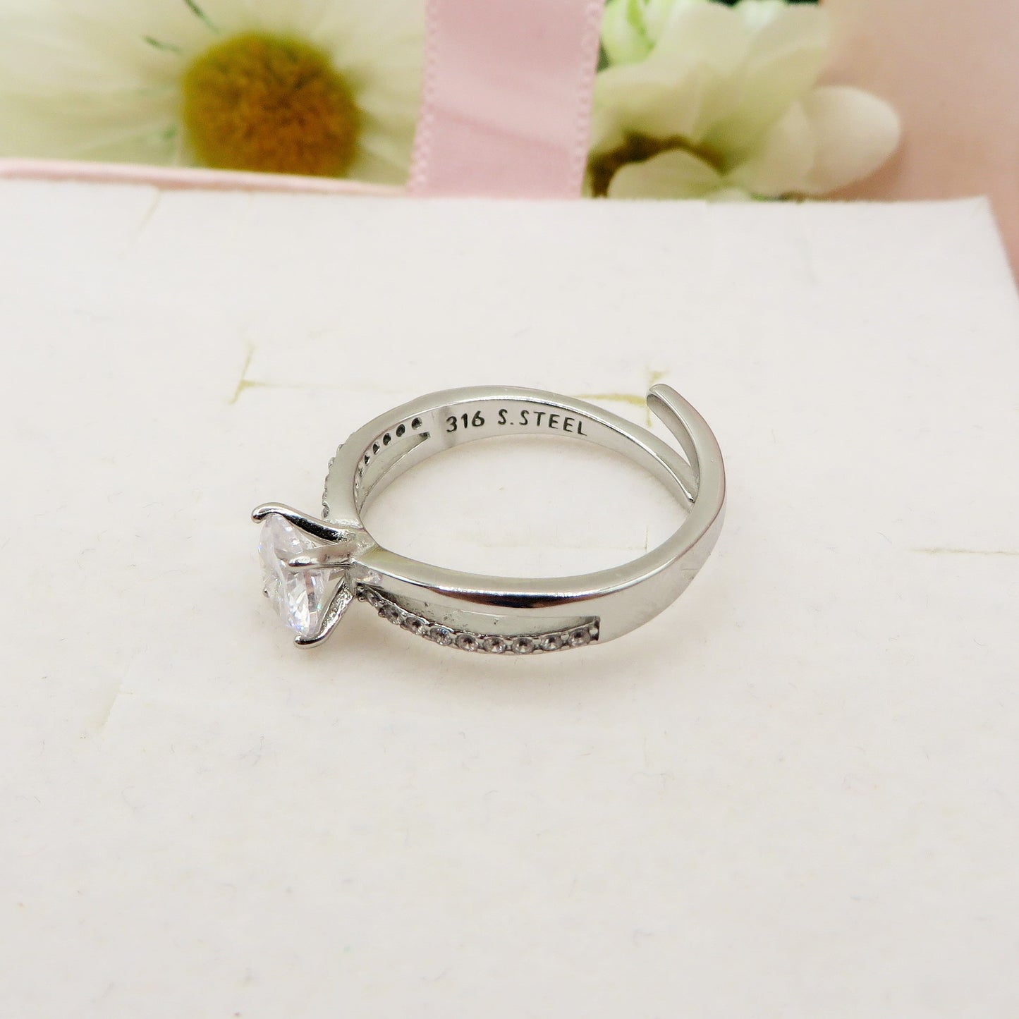 Solitario CLASSY CRYSTAL - Anello regolabile in ACCIAIO inossidabile con cubic zirconia