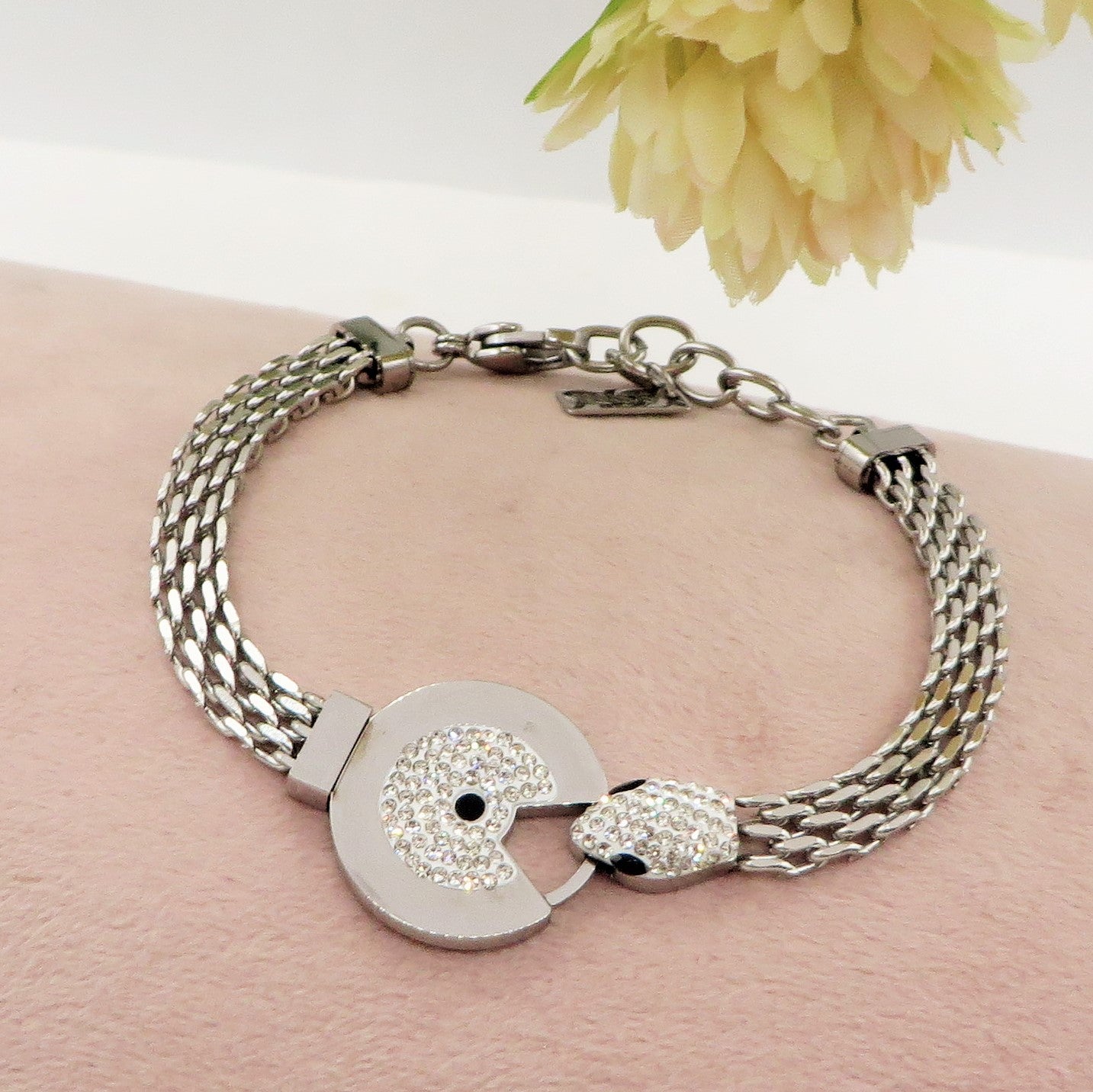 RAVEN ~ Acciaio Inossidabile - Bracciale serpente + catena piatta con cubic zirconia