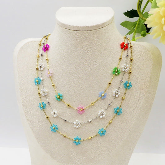 DAISY ~ ACCIAIO INOSSIDABILE ~ Collana con fiori e cristalli