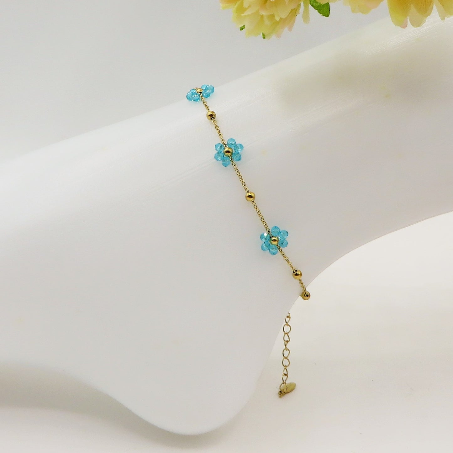 DAISY CAVIGLIERA ~ ACCIAIO INOSSIDABILE ~ Cavigliera con fiori e cristalli