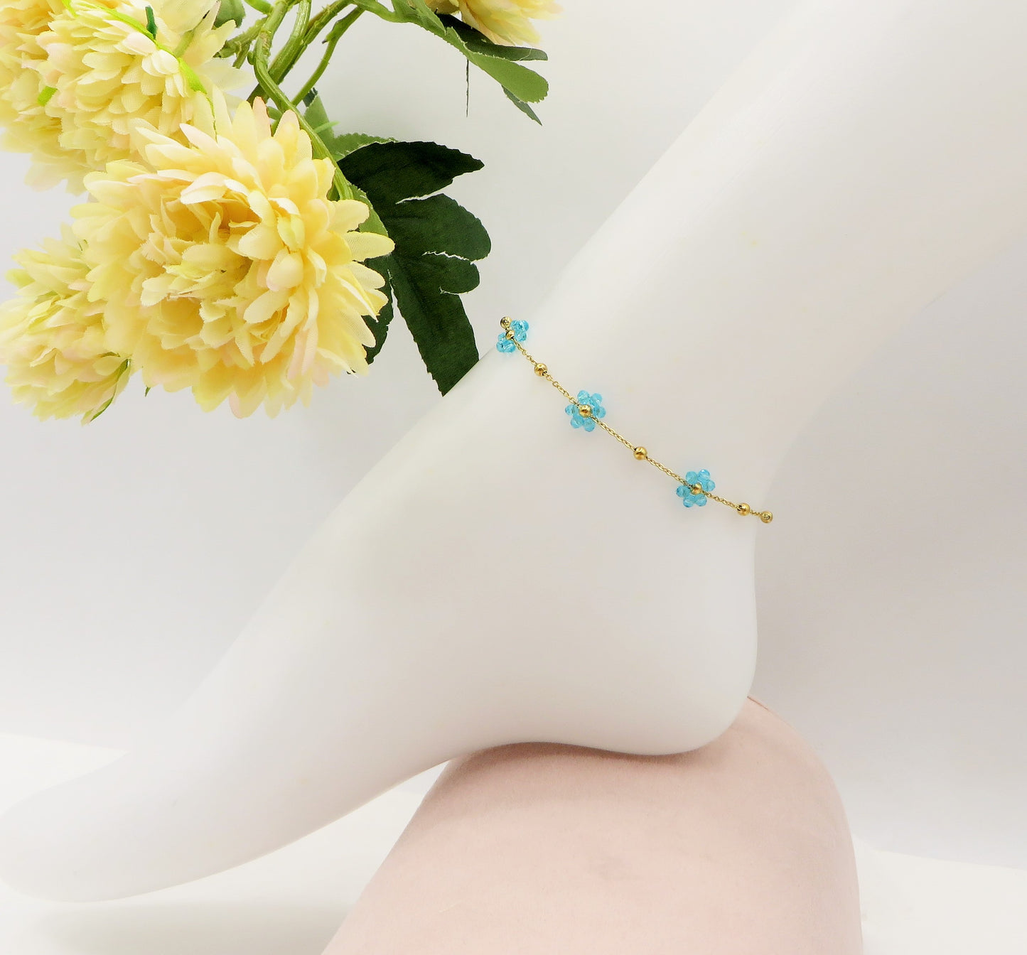 DAISY CAVIGLIERA ~ ACCIAIO INOSSIDABILE ~ Cavigliera con fiori e cristalli