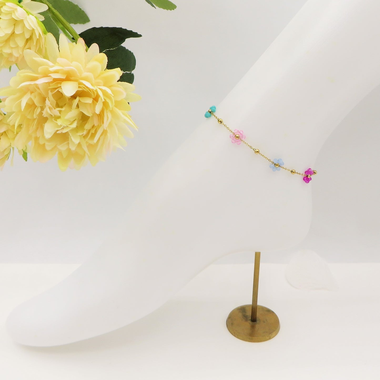 DAISY CAVIGLIERA ~ ACCIAIO INOSSIDABILE ~ Cavigliera con fiori e cristalli