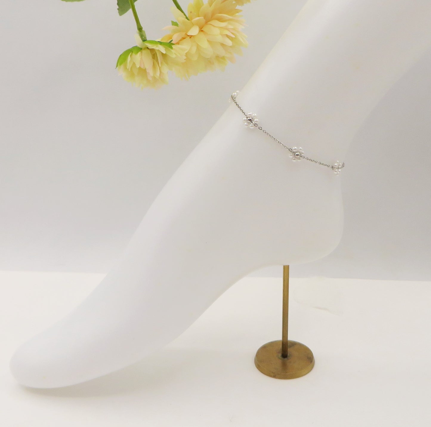 DAISY CAVIGLIERA ~ ACCIAIO INOSSIDABILE ~ Cavigliera con fiori e cristalli