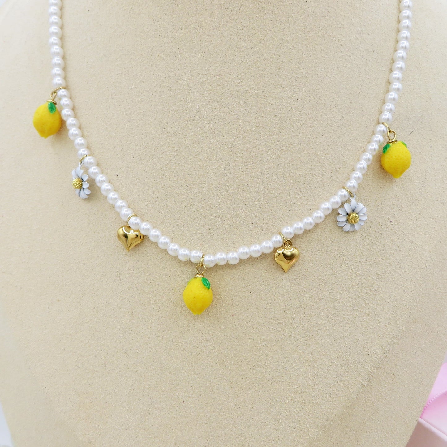 DAISY LEMONS COLLANA - ACCIAIO inossidabile - Collana catena charms frutta LIMONI e MARGHERITE