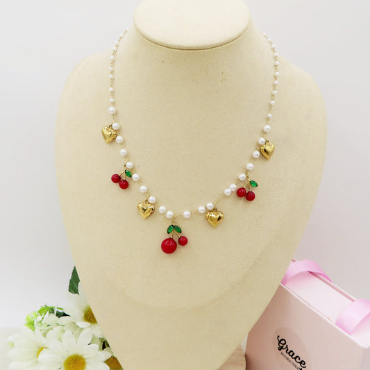 CHERRY PEARLS COLLANA - ACCIAIO inossidabile - Collana catena charms frutta CILIEGIE
