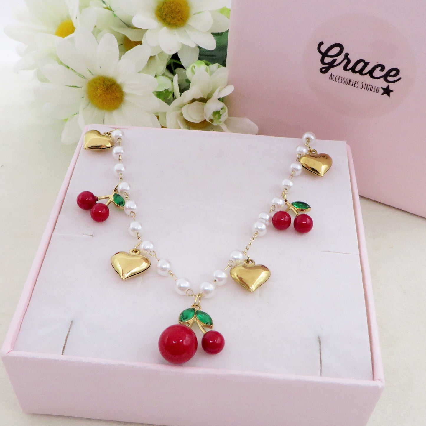 CHERRY PEARLS COLLANA - ACCIAIO inossidabile - Collana catena charms frutta CILIEGIE