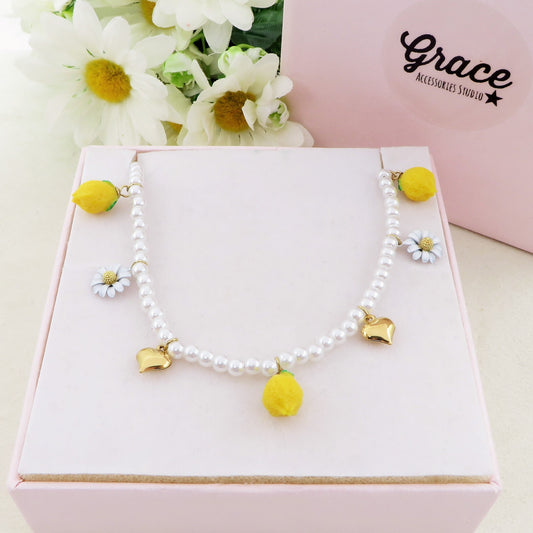 DAISY LEMONS COLLANA - ACCIAIO inossidabile - Collana catena charms frutta LIMONI e MARGHERITE