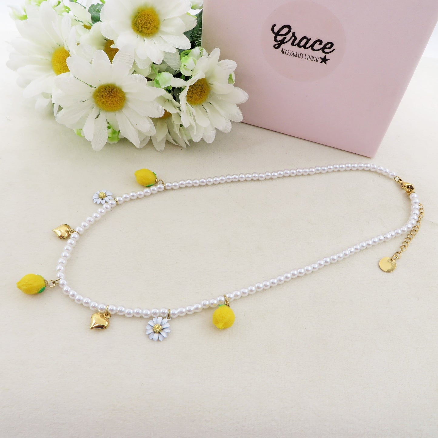 DAISY LEMONS COLLANA - ACCIAIO inossidabile - Collana catena charms frutta LIMONI e MARGHERITE