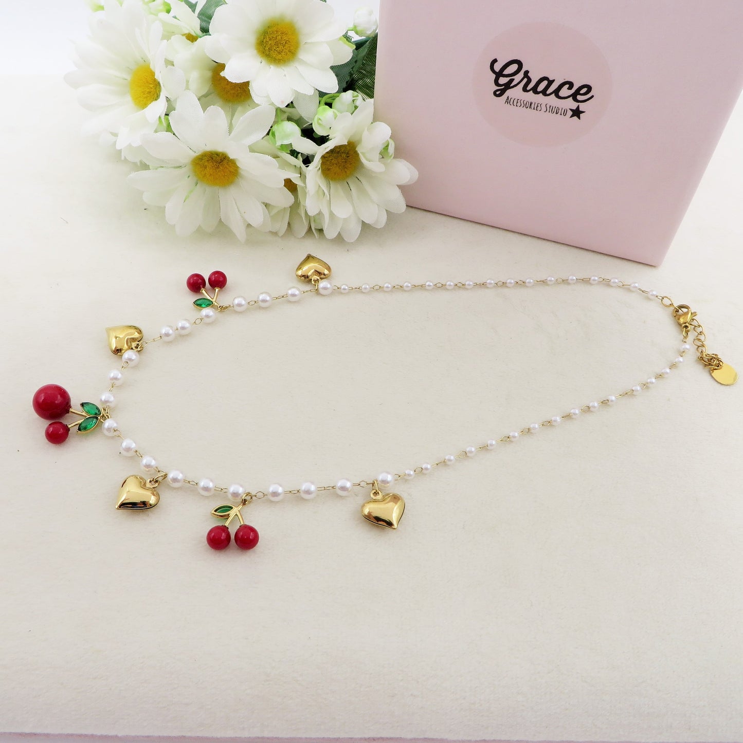 CHERRY PEARLS COLLANA - ACCIAIO inossidabile - Collana catena charms frutta CILIEGIE