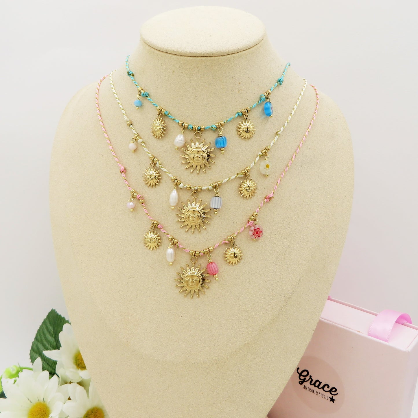 SOLEIL COLLANA - ACCIAIO inossidabile - Collana catena charms sole e murrine