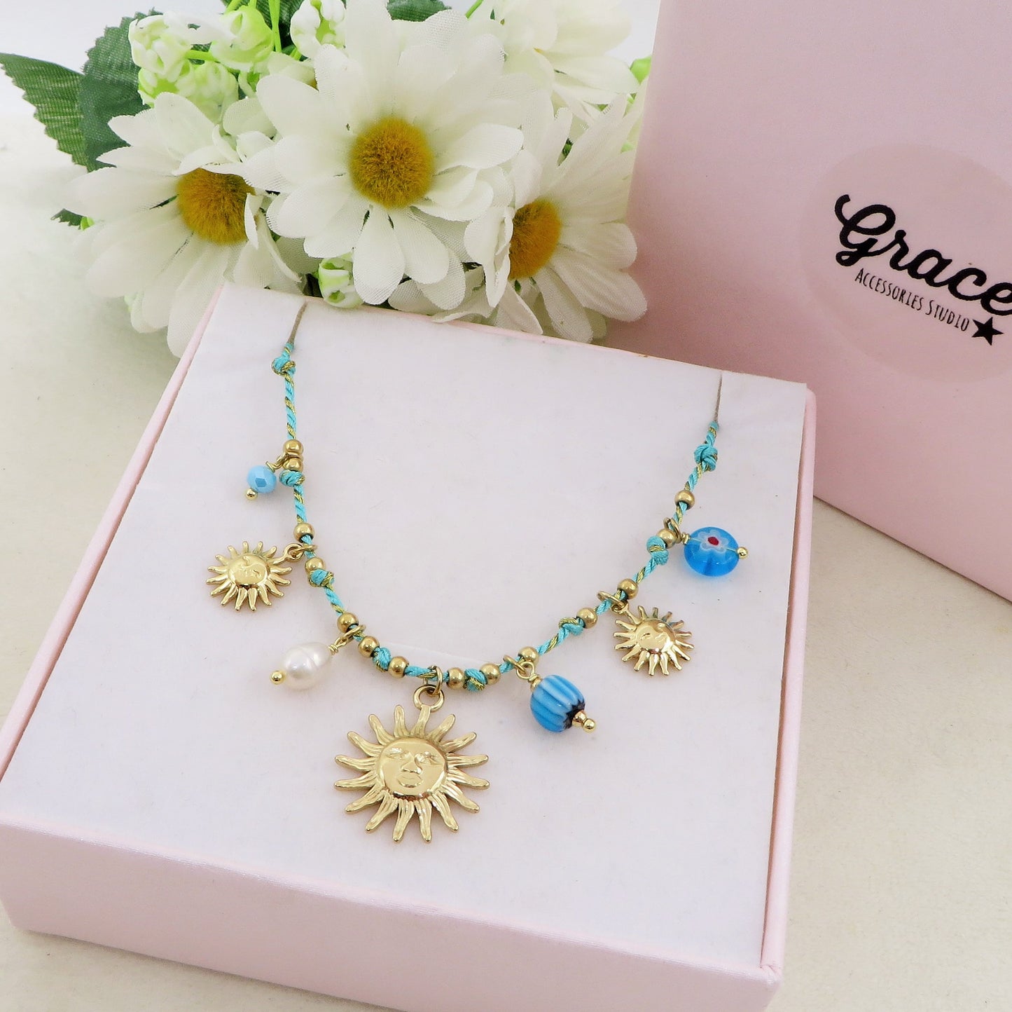 SOLEIL COLLANA - ACCIAIO inossidabile - Collana catena charms sole e murrine